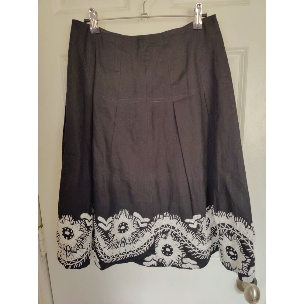 Isda‎ & Co 100% Linen Boho Black White Embroidered Knee Length Skirt S/M (28")